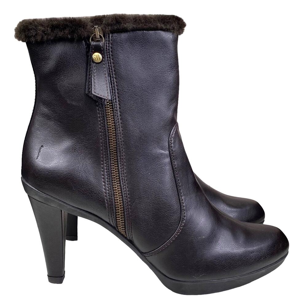 Stuart Weitzman Women’s Brown Side Zip Fur Trimmed Ankle Boot Size US 10